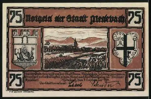 Notgeld Medebach 1921, 75 Pfennig, Landschaft und Stadtansicht mit Wappen und Eisenbahn