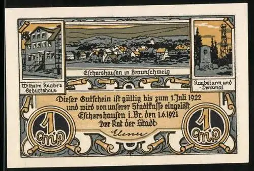 Notgeld Eschershausen 1921, 1 Mark, Wilhelm Raabe und Stadtansichten, Vorder- und Rückseite