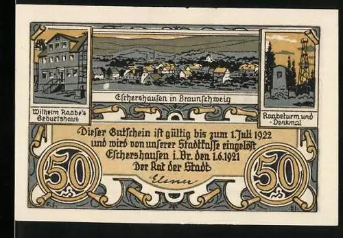 Notgeld Eschershausen 1921, 50 Pfennig, Wilhelm Raabe Geburtshaus und Raabeturm, Landschaftsillustration und Zitat