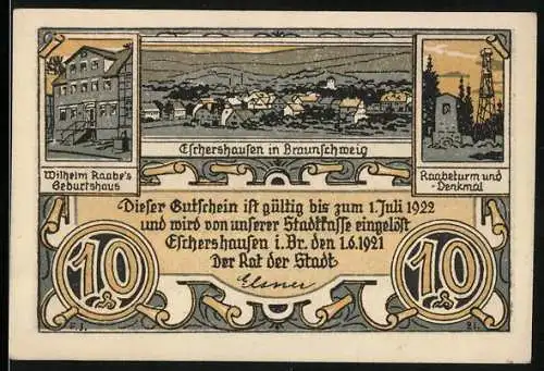 Notgeld Eschershausen 1921, 10 Mark, Wilhelm Raabe`s Geburtshaus und Raabeturm & Denkmal