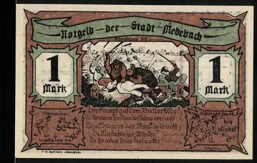 Notgeld Medebach, 1921, 1 Mark, Illustration von Kampf und Stadtsiegel mit Fachwerkhaus
