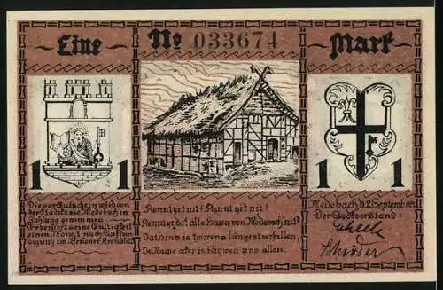 Notgeld Medebach, 1921, 1 Mark, Illustration von Kampf und Stadtsiegel mit Fachwerkhaus