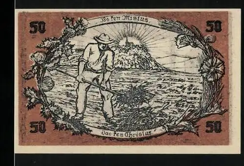 Notgeld Medebach 50 Pfennig, Landarbeiter und Kloster, Sonnenaufgang und Stadtwappen