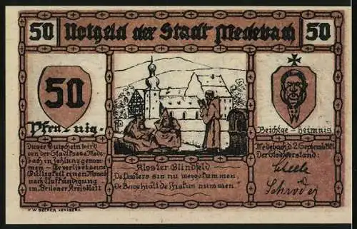 Notgeld Medebach 50 Pfennig, Landarbeiter und Kloster, Sonnenaufgang und Stadtwappen