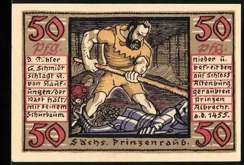 Notgeld Altenburg / S.-A. 1921, 50 Pfennig, der Sächsischen Prinzenraubs und Stadtansicht mit Burg und Wappen
