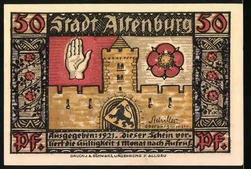 Notgeld Altenburg / S.-A. 1921, 50 Pfennig, der Sächsischen Prinzenraubs und Stadtansicht mit Burg und Wappen