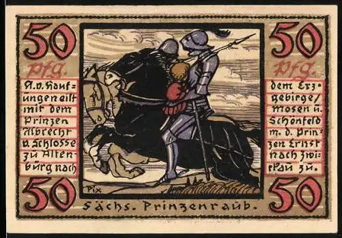 Notgeld Altenburg / S.-A. 1921, 50 Pfennig, Sächsischer Prinzenraub und Stadtwappen mit Hand und Blume