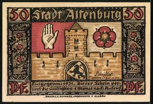 Notgeld Altenburg / S.-A. 1921, 50 Pfennig, Sächsischer Prinzenraub und Stadtwappen mit Hand und Blume