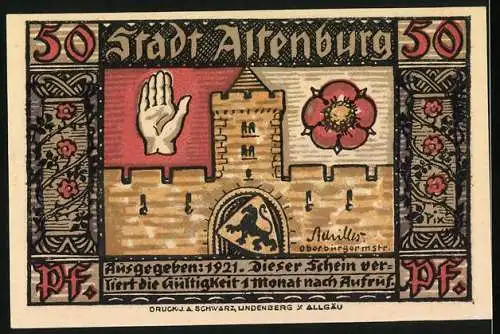 Notgeld Altenburg / S.-A. 1921, 50 Pf, Schloss Altenburg Illustration und Stadtwappen mit Burg und Hand