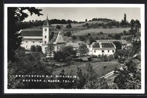 AK Breitenfeld a. d. Rittschein, Ortspartie mit Gasthof J. Bauer und Kirche