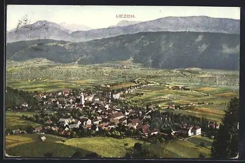 AK Liezen, Gesamtansicht mit Bergpanorama aus der Vogelschau