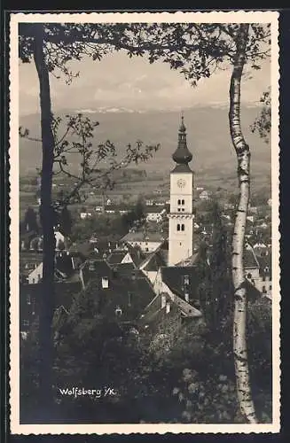 AK Wolfsberg i. K., Teilansicht mit Kirche aus der Vogelschau