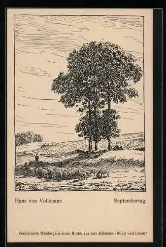 Künstler-AK Hans von Volkmann: Schäfer mit Herde an einem Septembertag