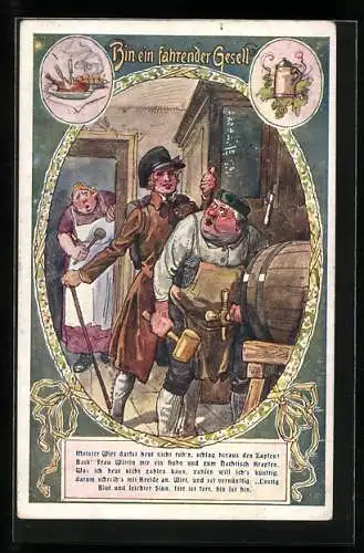 Künstler-AK F.Gareis: Fahrender Gesell fordert den Wirt auf, anzuzapfen, die Wirtin, zu kochen