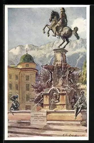 Künstler-AK E. F. Hofecker: Innsbruck, Leopoldsbrunnen mit Hofburg