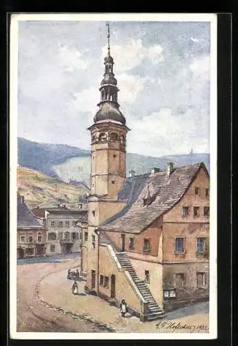 Künstler-AK E.F. Hofecker: Mähr. Altstadt, Rathaus am Marktplatz