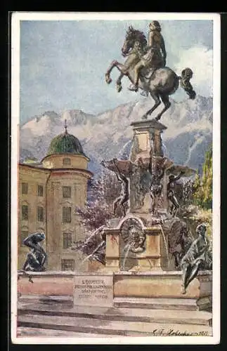 Künstler-AK E. F. Hofecker: Innsbruck, Leopoldsbrunnen mit Hofburg