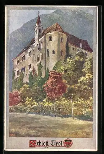 Künstler-AK E.F. Hofecker Deutscher Schulverein Nr. 337: Schloss Tirol, Ansicht mit Bergpanorama