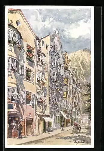 Künstler-AK E.F. Hofecker: Innsbruck, Teilansicht der Innstrasse