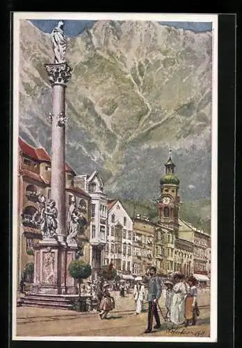 Künstler-AK E. F. Hofecker: Innsbruck, Maria Theresienstrasse mit der Säule