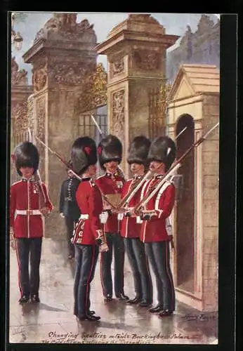 Künstler-AK Harry Payne: Changing Sentries outside Buckingham Palace. The Coldstreams relieving the Grenadiers