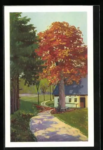 Künstler-AK sign. Fried Pfeifer: Eine Frau sitzt auf der Bank vor einem Haus