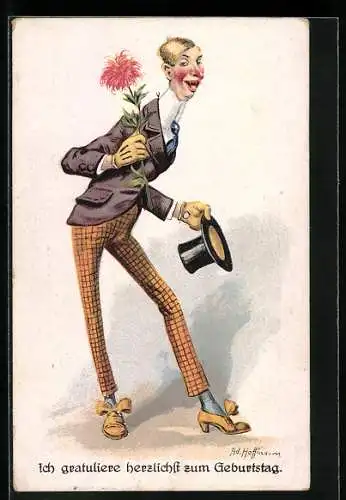 Künstler-AK Ad. Hoffmann: Mann in karierter Hose gratuliert zum Geburtstag
