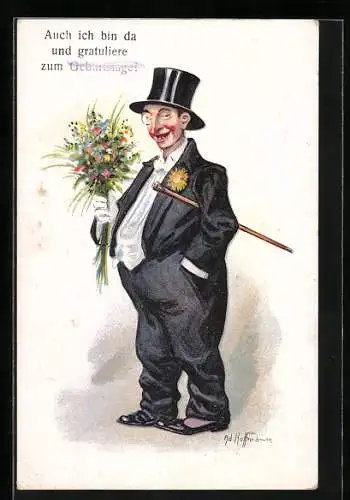 Künstler-AK Ad. Hoffmann: Mann mit Zylinder gratuliert zum Geburtstag