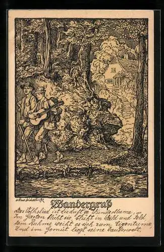 Künstler-AK sign.Michaelis: Zwei Wanderer mit Gitarre
