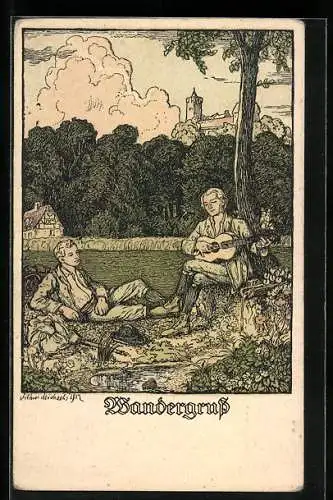 Künstler-AK Michaelis: Wandergruss, Wanderer spielt im Grünen Gitarre