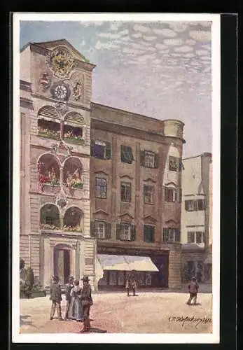 Künstler-AK Gmunden, Strasse am Rathaus