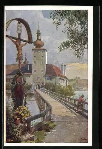 Künstler-AK Gmunden, Schloss Orth mit Flurkreuz