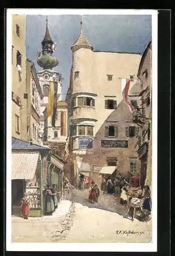 Künstler-AK Gmunden, Pfarrgasse mit Anwohnern