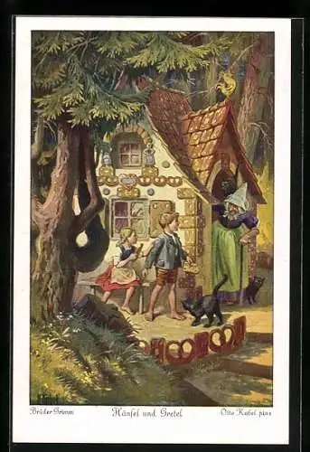 Künstler-AK Otto Kubel: Brüder Grimm, Hänsel und Gretel, Nr. 3, Die Kinder naschen vom Hexenhaus