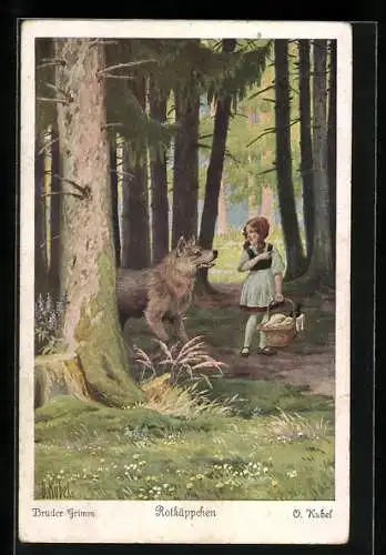 Künstler-AK Otto Kubel: Brüder Grimm, Rotkäppchen trifft im Wald den Wolf