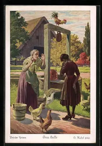 Künstler-AK Otto Kubel: Frau Holle, Pechmarie kehrt zur Mutter heim