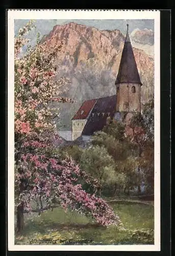 Künstler-AK E.F. Hofecker: Altmünster bei Gmunden, Blühene Bäume mit Kirche