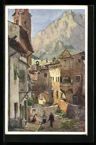 Künstler-AK F. Hofecker, Deutscher Schulverein NR 409: Schlern, Strasse im Ort