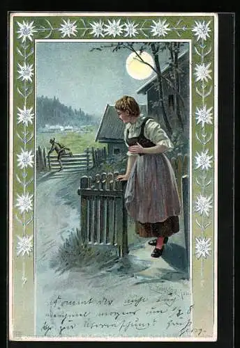 Künstler-AK E. Döcker: Mädchen und weglaufender Bursche, Vollmond