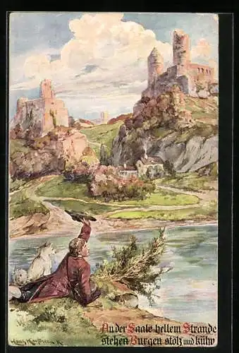 Künstler-AK Hans Kaufmann: Mann mit Hund vor den Burgen am Ufer der Saale