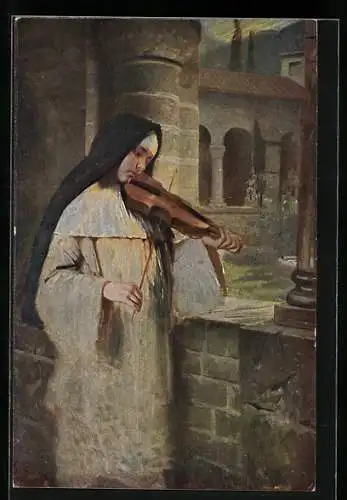 Künstler-AK Hermann Kaulbach: Nonne geigt das Ave Maria