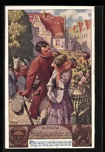 Künstler-AK Deutscher Schulverein Nr. 925: Zupfgeigenhansls, Mann tröstet Frau