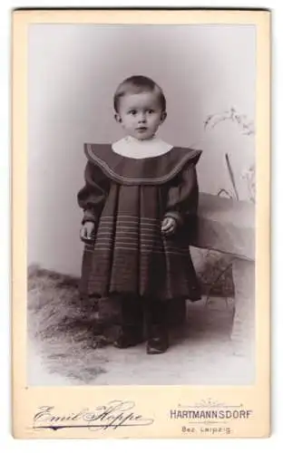 Fotografie Emil Hoppe, Hartmannsdorf, Süsses kleines Kind in gestreiftem Kleid mit Lederstiefeln