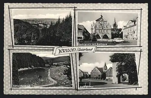 AK Brilon /Sauerland, Marktplatz mit Rathaus, Schwimmbad, Derker Tor