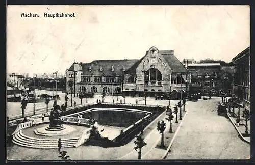 AK Aachen, Hauptbahnhof mit Denkmal