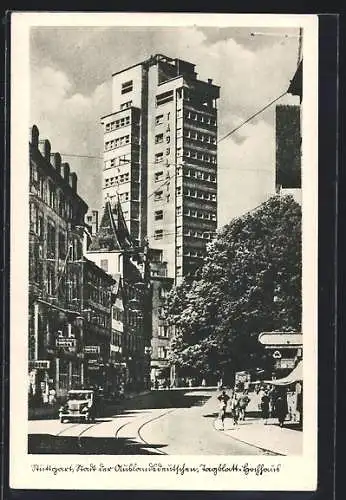 AK Stuttgart, Tagblatt-Hochhaus mit Strasse