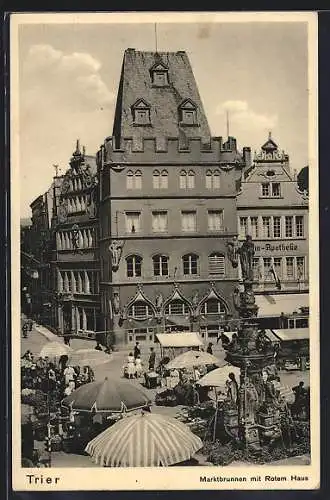 AK Trier, Marktbrunnen mit Rotem Haus, Marktszene