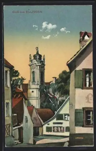 Künstler-AK Ellingen / Mittelfranken, Ortspartie mit Turm