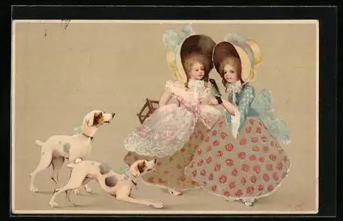Künstler-AK Mädchen mit Hüten und Hunden