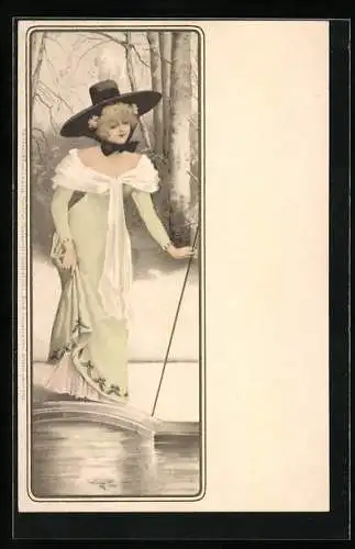 Künstler-AK Meissner & Buch (M&B) Nr. 1053: Fräulein im hellgrünen Kleid am Ufer, Jugendstil